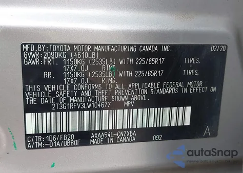 2020 Toyota Rav4 Le z USA, uszkodzony, nr VIN 2T3G1RFV3LW104677